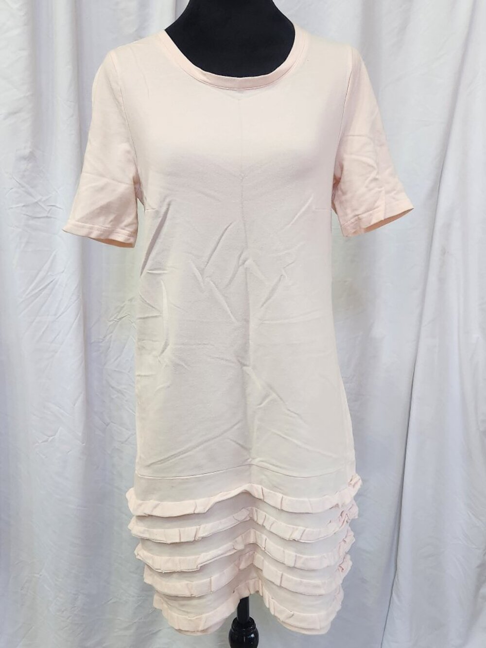 Light pink short sleeve stretchy shirt dress with ruffles, L